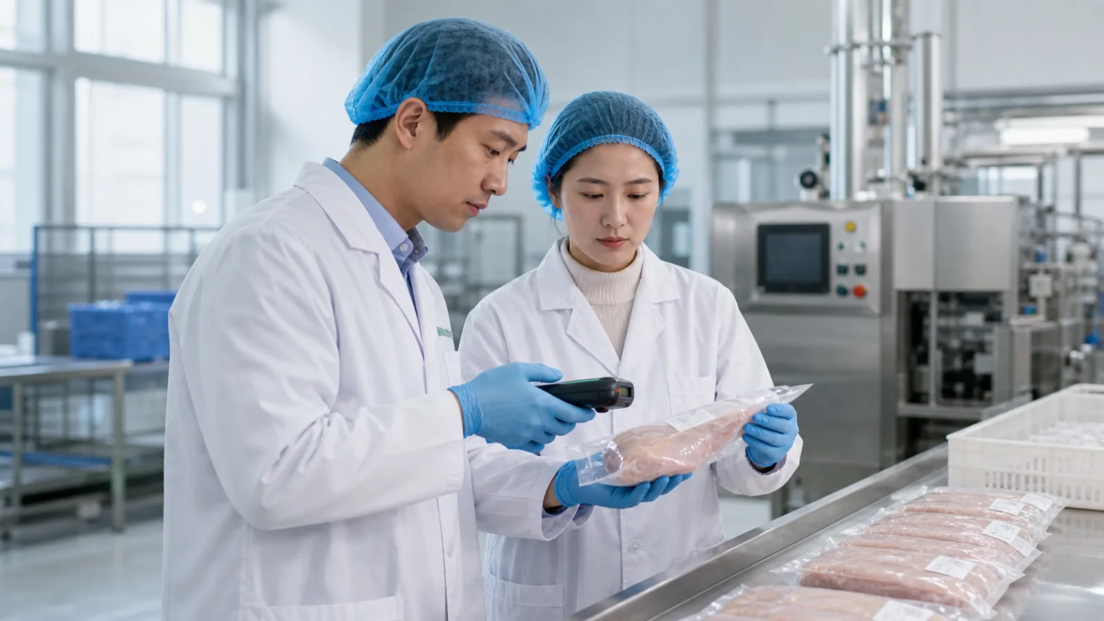 食品质量人员在生产现场扫描批次并核验追溯信息